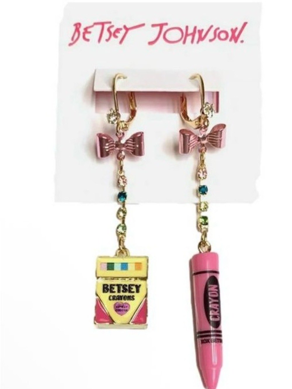Betsey Johnson Pink Crayon & Crayon Box Asymmetric Dangle Earrings - Picture 4 of 4